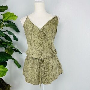 BELLA DAHL Dust Oliv Green Animal Snake Print short V Neck faux Wrap Romper